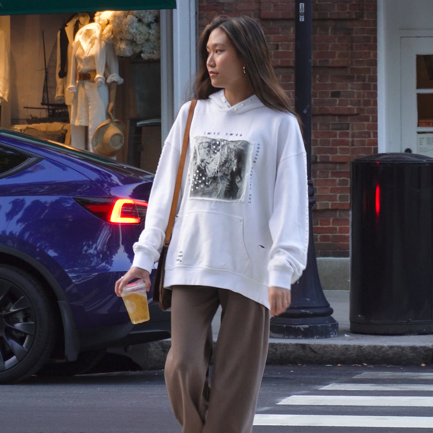 Pearl-Embellished Distressed Hoodie