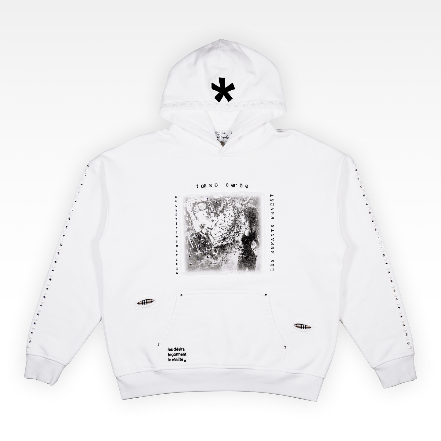 Pearl-Embellished Distressed Hoodie